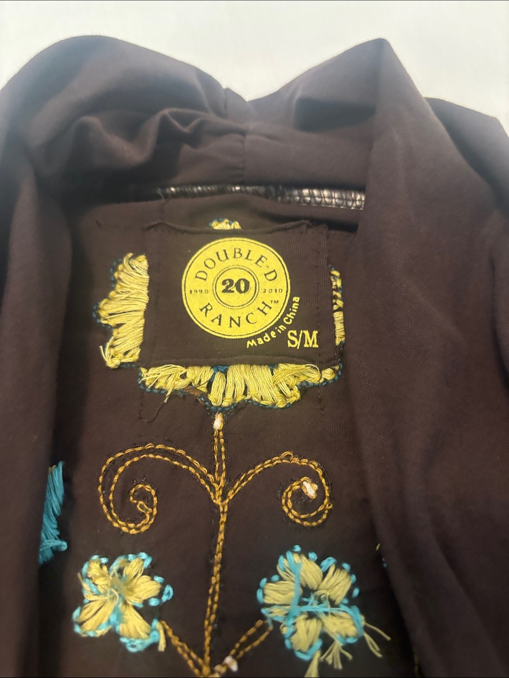 Double D Ranch Brown Cardigan SZ S/M w/Yellow-Gold and Turquoise Embroidery - Picture 3 of 10